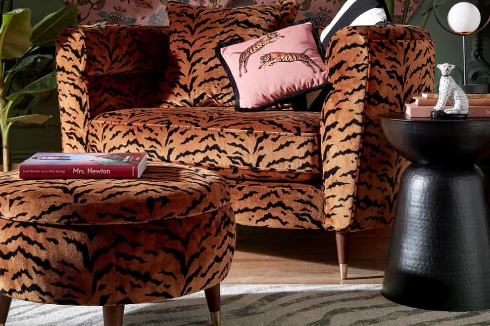 Offbeat Tiger Print All Over Loveseat and Storage Foot Stool from Sofology (Sofology/PA)