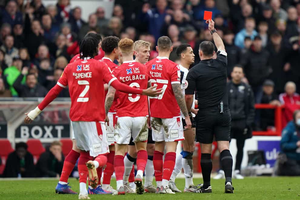 Ravel Morrison (secnd right) was shown a red card during injury time against Nottingham Forest (Tim Goode/PA)