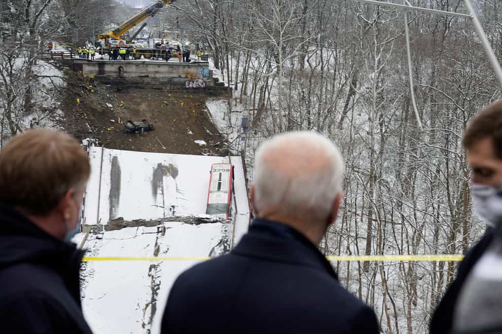 President Joe Biden visits the site where the Fern Hollow Bridge bridge collapsed (Andrew Harnik/AP)