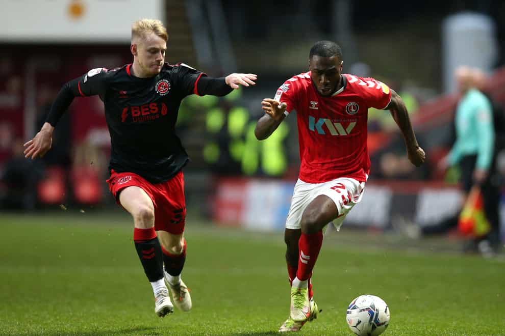 Charlton Athletic’s Corey Blackett-Taylor (right) and Fleetwood Town’s Paddy Lane battle for the ball during the Sky Bet League One match at The Valley, London. Picture date: Saturday January 22, 2022.