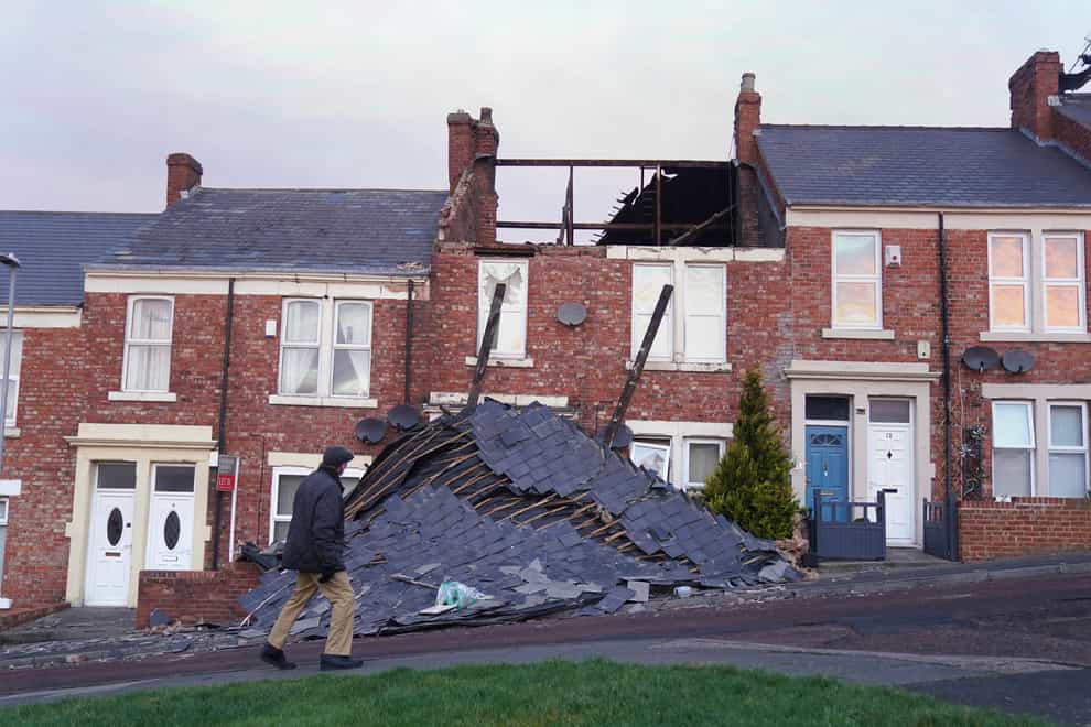 A house in Bensham, Gateshead, which lost its roof after strong winds from Storm Malik battered northern parts of the UK (Owen Humphreys/PA)