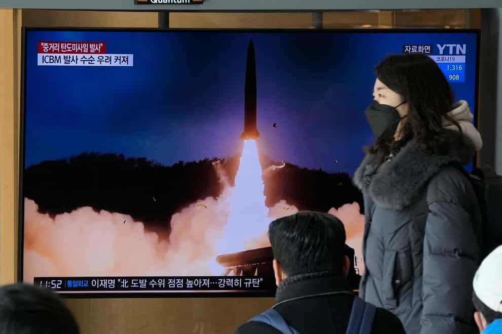 A TV screen shows a file image of North Korea’s missile launch during a news program at the Seoul Railway Station in Seoul, South Korea (AP Photo/Ahn Young-joon)