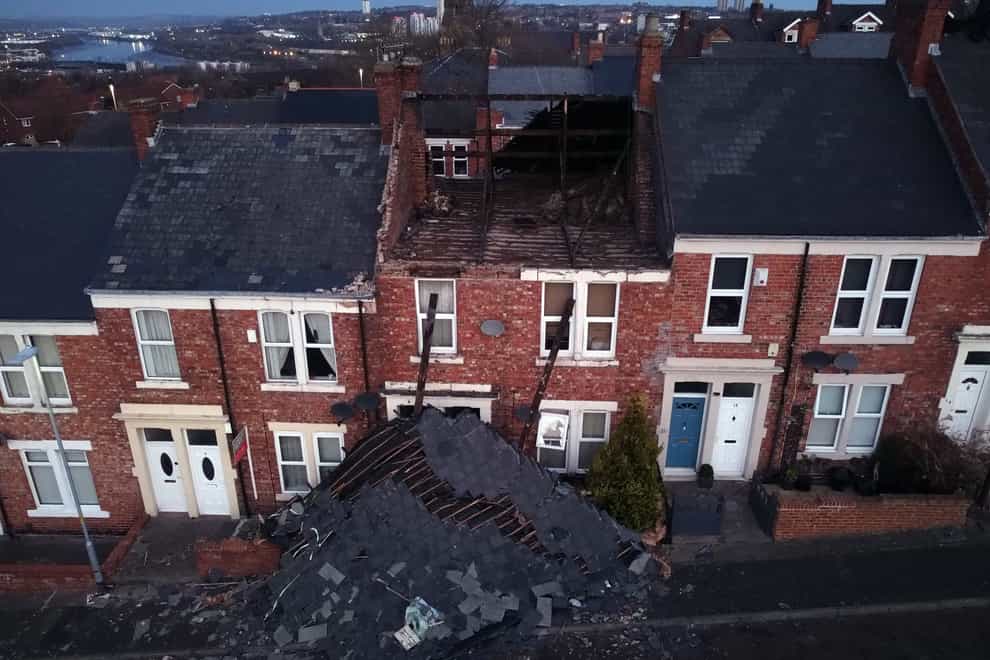A house on Overhill terrace in Bensham Gateshead which lost its roof after strong winds from Storm Malik battered northern parts of the UK (Owen Humphreys/PA)