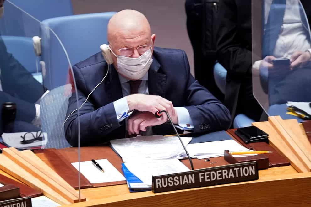 Russia’s UN ambassador Vasily Nebenzya addresses the United Nations Security Council (Richard Drew/AP)