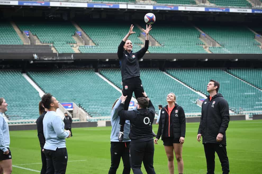 The Duchess of Cambridge, is lifted up in a line-out as she plays rugby in her new role as Patron of the Rugby Football Union (Jeremy Selwyn/Evening Standard/PA)