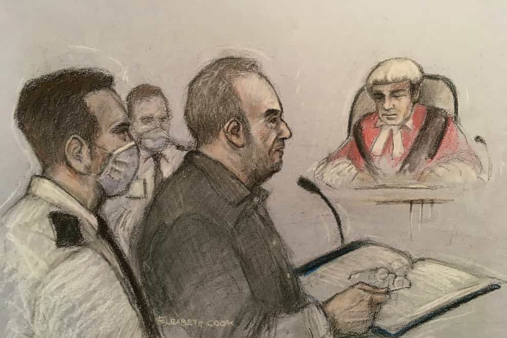 An artist’s impression of Ian Stewart giving evidence at Huntingdon Crown Court (Elizabeth Cook/PA)