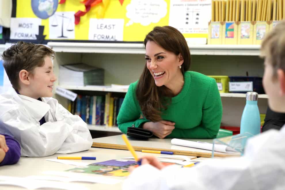 The Duchess of Cambridge talks to pupils during a visit to Lavender Primary School in Enfield, north London, in support of Place2Be’s Children’s Mental Health Week 2019 (PA)