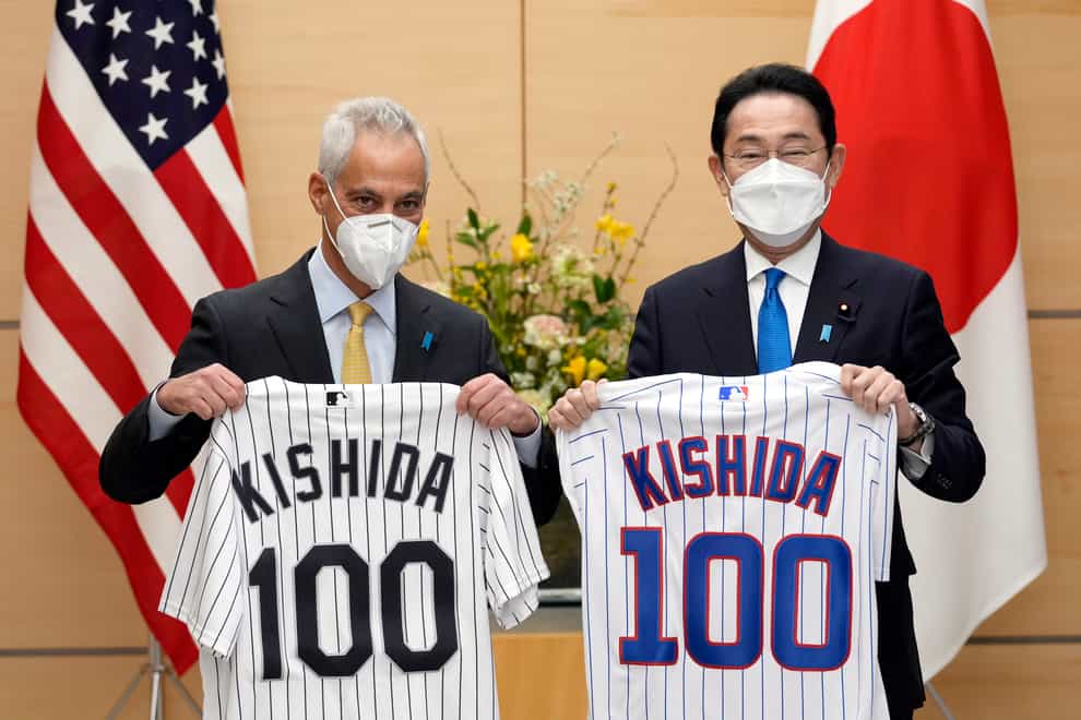 Rahm Emanuel presents baseball memorabilia to Japanese prime minister Fumio Kishida (AP)