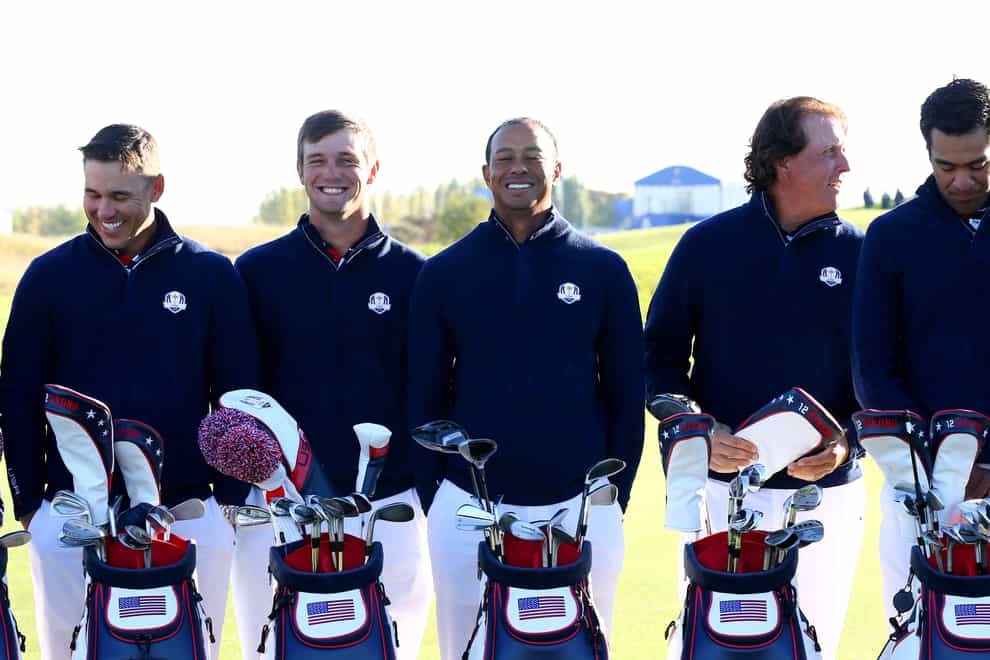 Brooks Koepka (far left) has hit out at former Ryder Cup team-mate Phil Mickelson (second right) after the latter criticised the PGA Tour (Gareth Fuller/PA)
