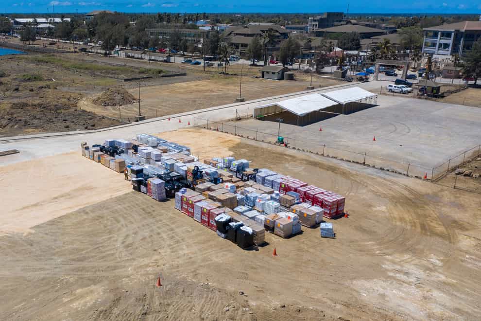 Aid supplies are stacked at the port at Nuku’alofa, Tonga (Christopher Szumianksi/Australian Defence Force/PA)