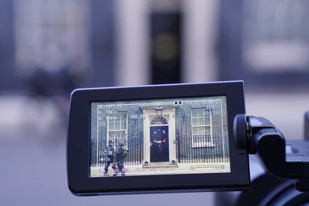 A view in the screen of a video camera of the front door of 10 Downing Street, London (Jonathan Brady/PA)