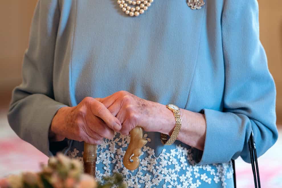 Queen Elizabeth II during a reception in the Ballroom of Sandringham House, which is the Queen’s Norfolk residence, with representatives from local community groups to celebrate the start of the Platinum Jubilee. (Joe Giddens/PA)