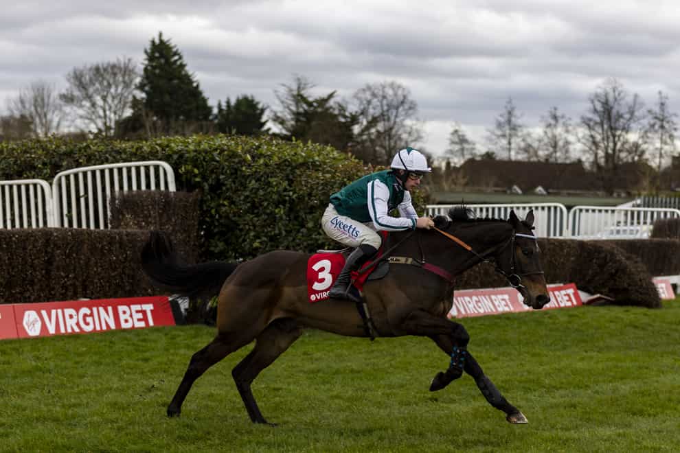 L’Homme Presse ridden by jockey Charlie Deutsch goes onto win the Virgin Bet Scilly Isles Novices’ Chase at Sandown Park racecourse. Picture date: Saturday February 5, 2022.