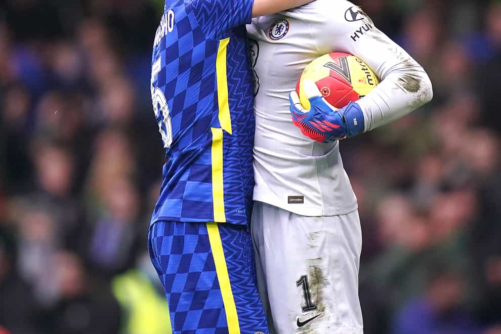 Kepa Arrizabalaga, right, celebrates his match-sealing penalty save as Chelsea edged out Plymouth 2-1 after extra time in the FA Cup (Adam Davy/PA)