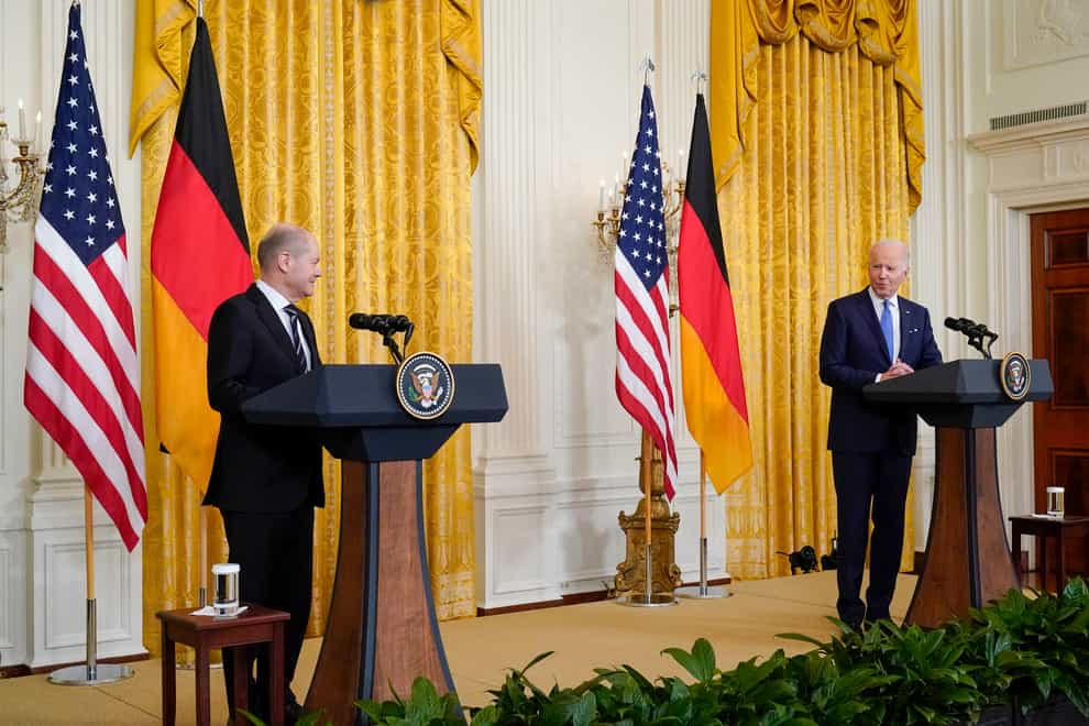 President Joe Biden speaks during a joint news conference with German Chancellor Olaf Scholz (Alex Brandon/AP)