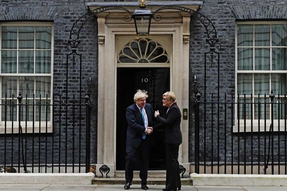 Prime Minister Boris Johnson welcomes the Prime Minister of Lithuania, Ingrida Simonyte, to 10 Downing Street ahead of talks (Aaron Chown/PA)