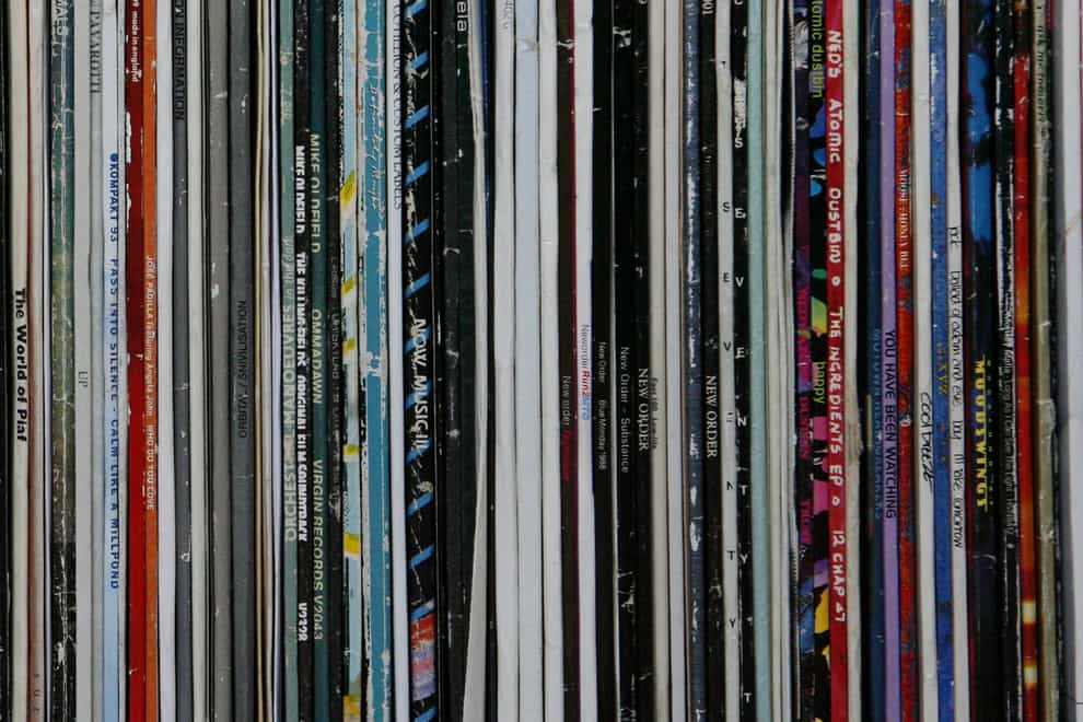 A collection of 12″ and LP vinyl records.