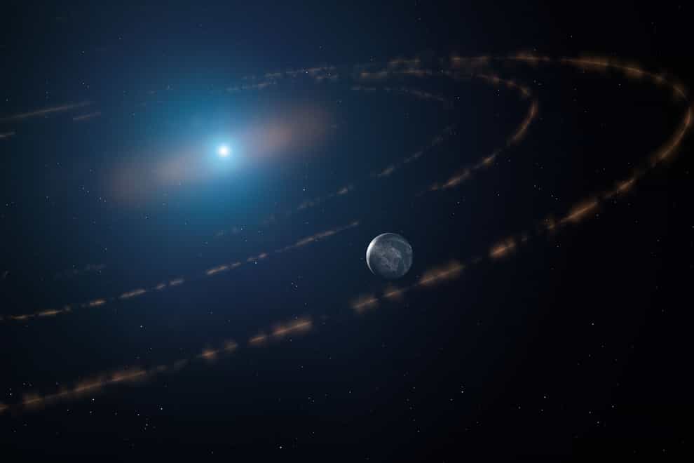 An artist’s impression of the white dwarf star WD1054–226 orbited by clouds of planetary debris and a major planet in the habitable zone (Mark Garlick markgarlick.com/PA)
