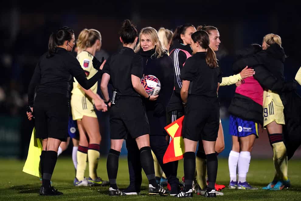 Chelsea manager Emma Hayes, centre, speaks to the officials after the goalless draw with Arsenal (John Walton/PA)