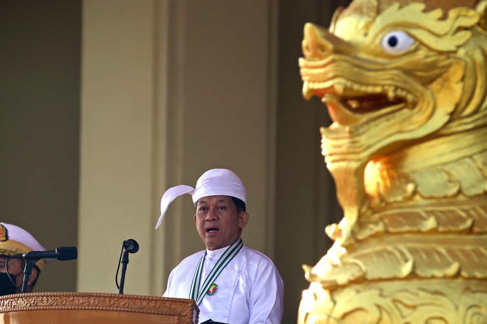 Gen Min Aung Hlaing, head of the military council speech, speaks during the ceremony marking Myanmar’s 75th anniversary Union Day in Naypyitaw (AP)