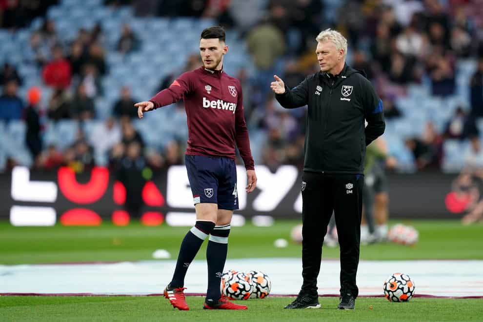 West Ham’s Declan Rice with manager David Moyes (Nick Potts/PA)