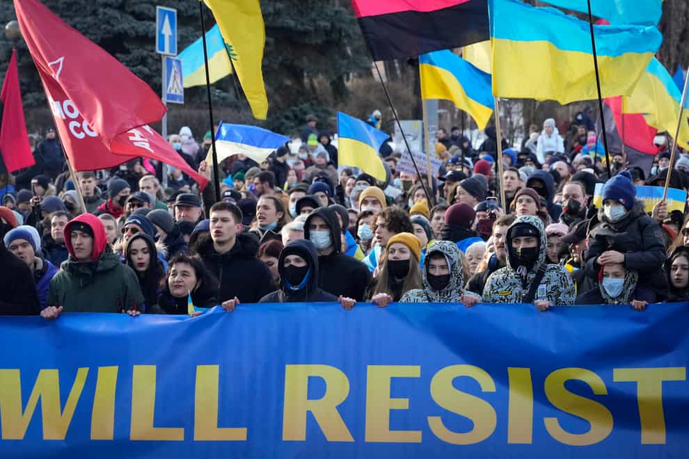 Ukrainians attend a rally in central Kyiv (Efrem Lukatsky/AP)