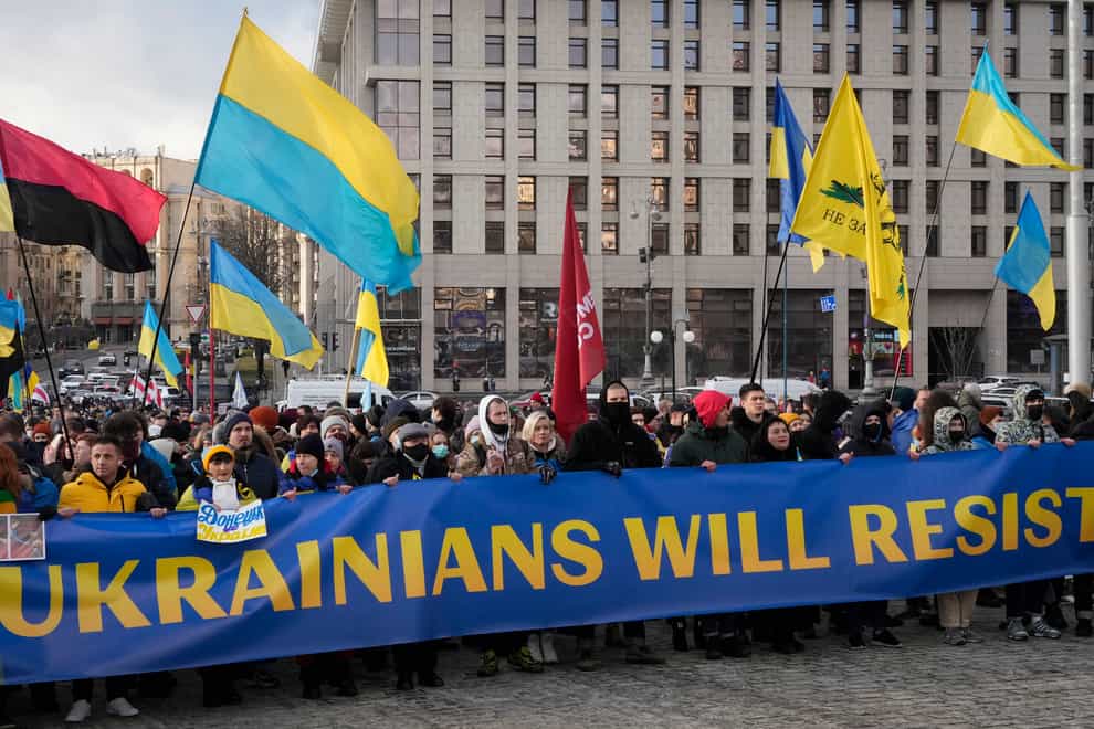 Ukrainians attend a rally in central Kyiv (Efrem Lukatsky/AP)