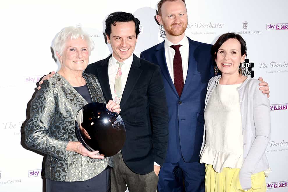 Beryl Vertue with Andrew Scott, Mark Gatiss and Elaine Cameron of Sherlock (PA)