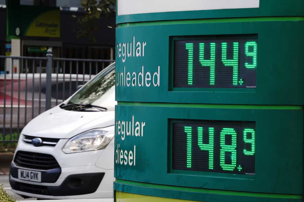 Prices on a forecourt at the M&S BP petrol station in Chiswick, greater London. Prices at the petrol pumps reached an all-time high on Sunday (Jonathan Brady/PA)