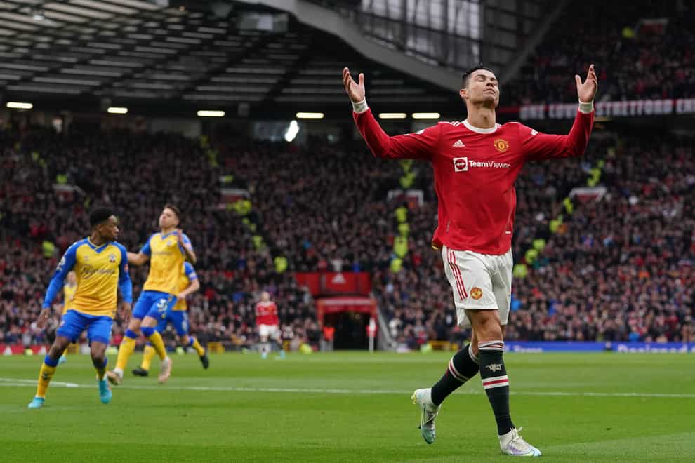 Cristiano Ronaldo reacts to his first-half miss against Southampton (Martin Rickett/PA)