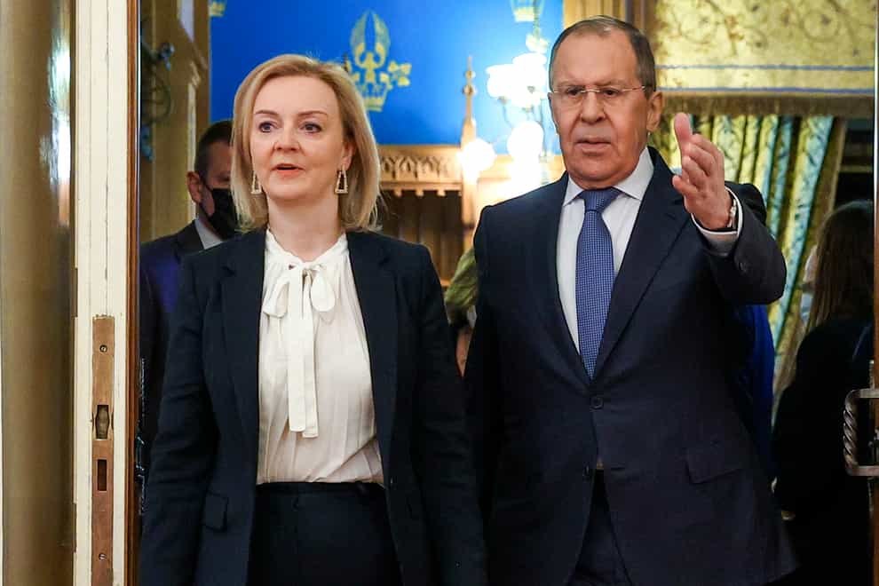 Foreign Secretary Liz Truss with Russian Foreign Minister Sergei Lavrov in Moscow (Russian Foreign Ministry Press Service via AP)
