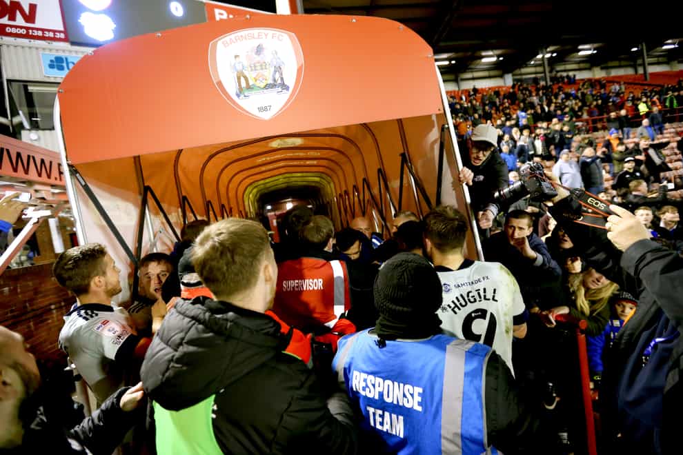 Barnsley and Cardiff players and staff clash as they head for the tunnel at Oakwell (Isaac Parkin/PA)