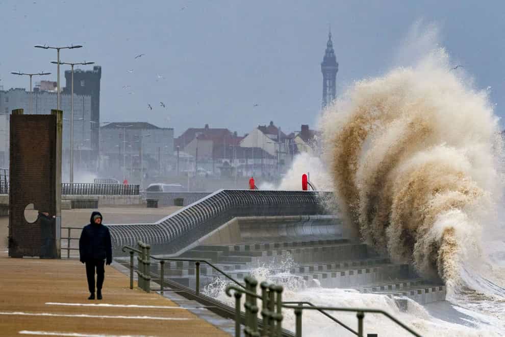 Waves crashing on the seafront at Blackpool before Storm Dudley hits the north of England/southern Scotland from Wednesday night into Thursday morning, closely followed by Storm Eunice, which will bring strong winds and the possibility of snow on Friday (Peter Byrne/PA)