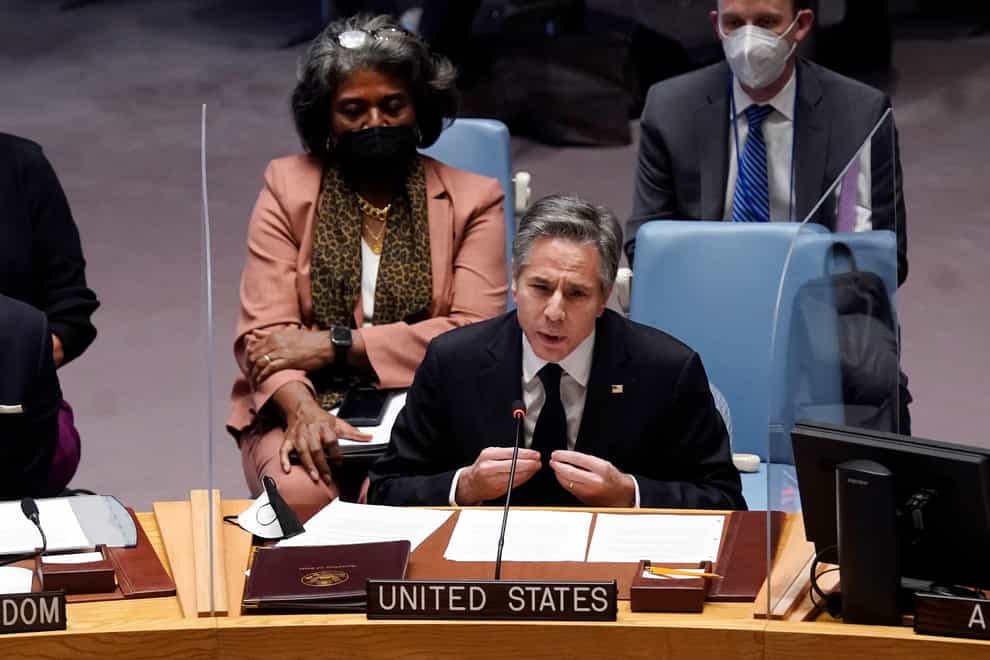 US secretary of state Antony Blinken addresses the United Nations Security Council (Richard Drew/AP)