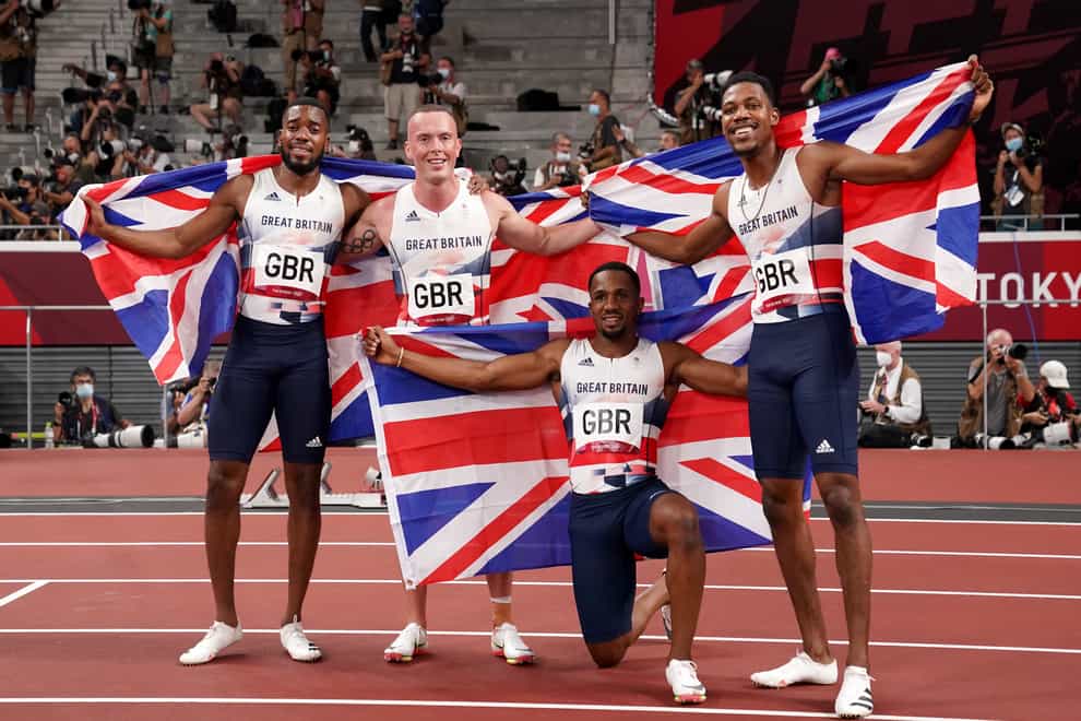Great Britain’s men’s relay team have been stripped of their Olympic silver medal from last summer’s Tokyo Games after CJ Ujah, kneeling, tested positive for prohibited substances (Martin Rickett/PA)