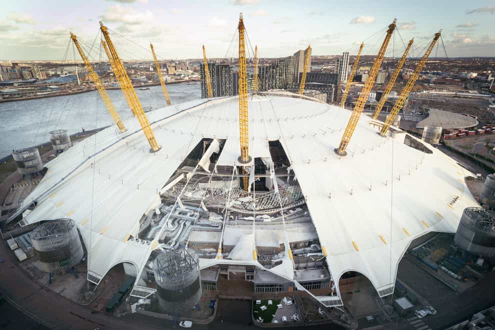 Damage to the roof of the O2 Arena, in south east London, caused by Storm Eunice.