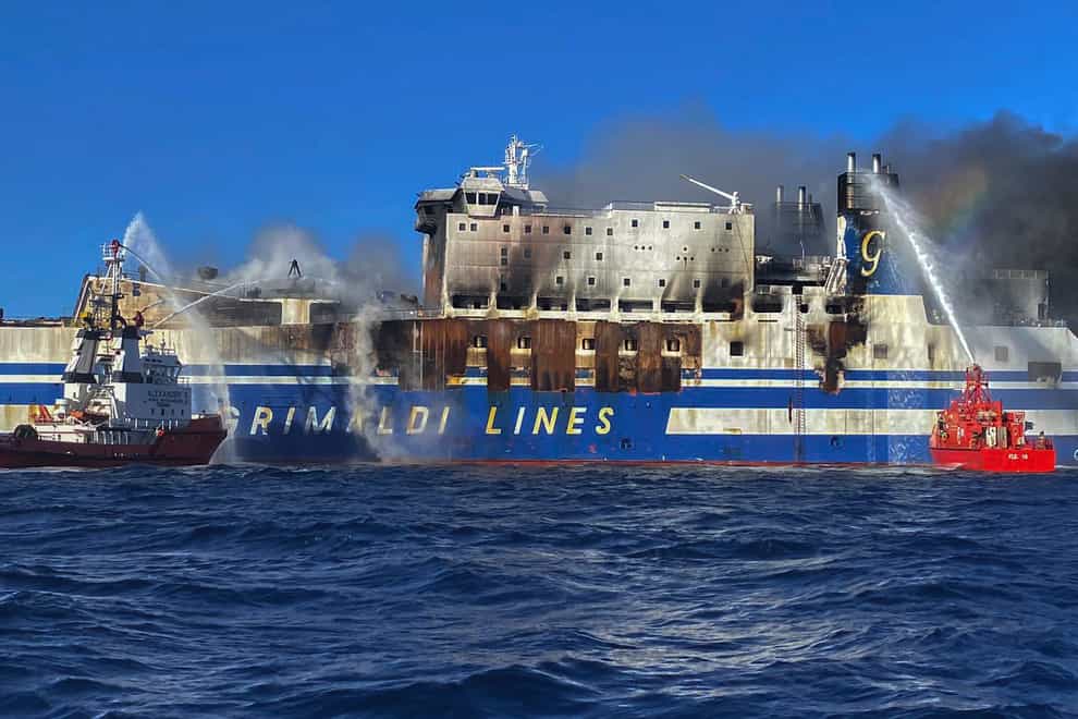 Firefighting vessels extinguish a blaze on the ferry (Voula Pappa/InTime News via AP)