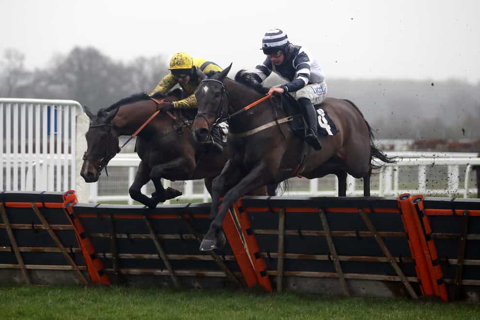 Skytastic (right) and Charlie Deutsch get the better of Scarface and Brendan Powell in the Join Kim Bailey Racing Novices’ Hurdle at Ascot (Simon Marper/PA)