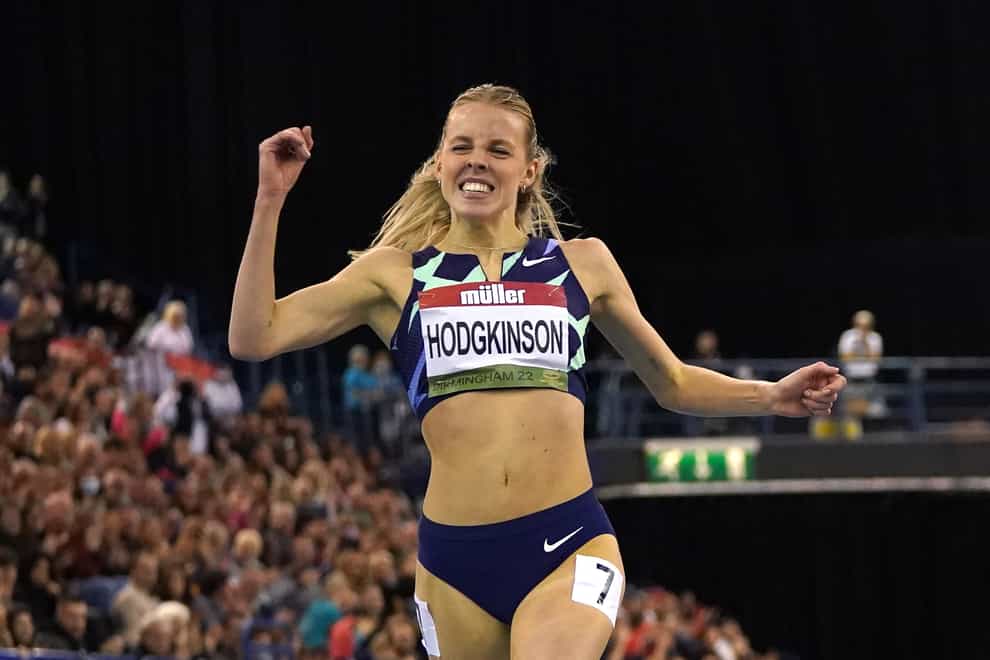 Great Britain’s Keely Hodgkinson celebrates winning the women’s 800m during the Muller Indoor Grand Prix in Birmingham (Martin Rickett/PA).
