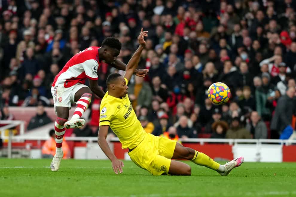 Arsenal’s Bukayo Saka scores Arsenal’s second goal (John Walton/PA).