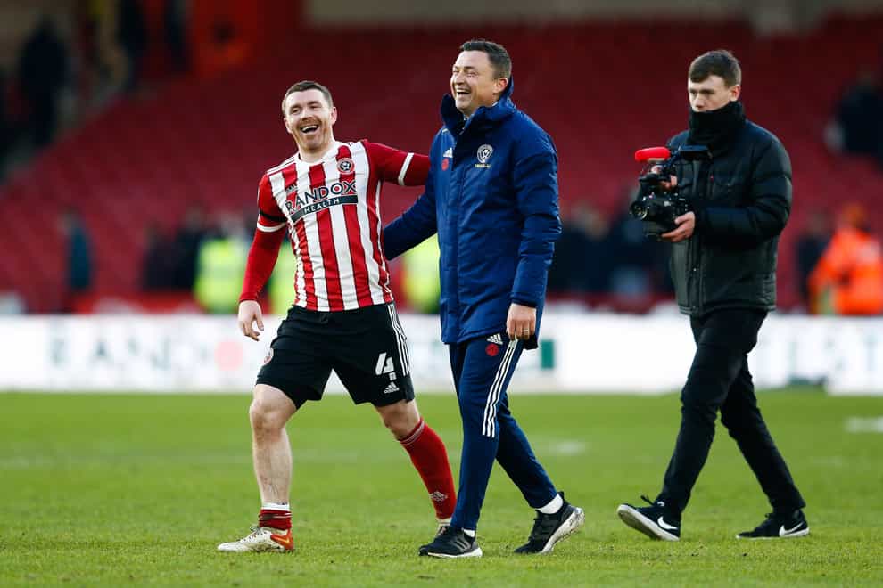 Sheffield United manager Paul Heckingbottom celebrates after full-time (Will Matthews/PA)