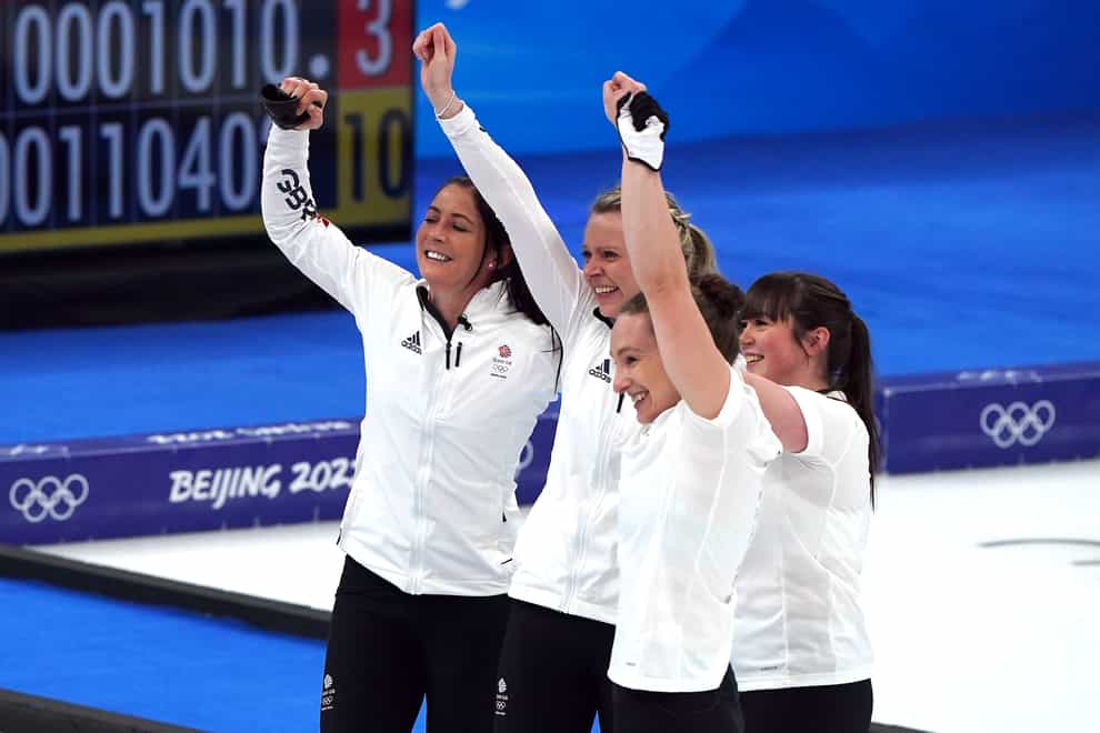 Great Britain’s Eve Muirhead, Vicky Wright, Jennifer Dodds and Hailey Duff celebrate winning curling gold (Andrew Milligan/PA Images).