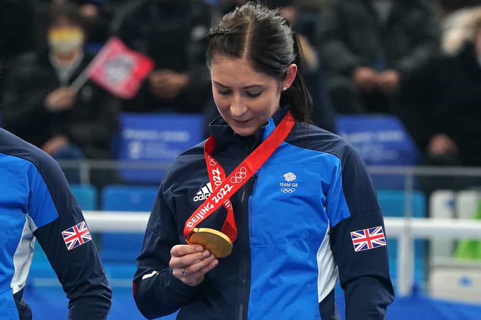 Skip Eve Muirhead savours her gold medal after Great Britain’s 10-3 women’s curling final win over Japan (Andrew Milligan/PA Images).