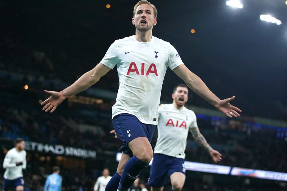 Harry Kane celebrates scoring Tottenham’s winner in their 3-2 victory at Manchester City (Mike Egerton/PA)