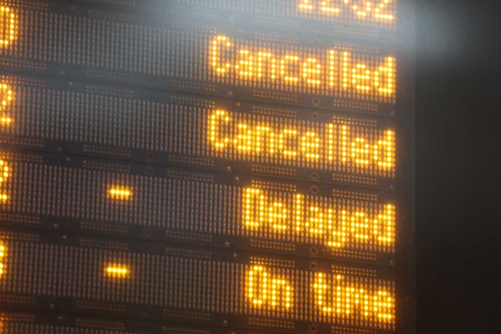 The departures board Victoria station, London, displaying cancelled and delayed trains in the aftermath of Storm Eunice. Picture date: Friday February 18, 2022.