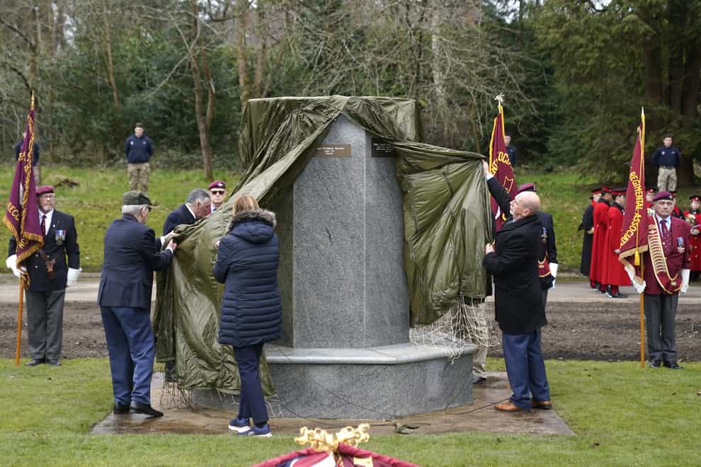 A memorial to mark the bombing of the HQ 16th Independent Parachute Brigade Officers’ Mess is unveiled at Aldershot Barracks, Hampshire (Andrew Matthews/PA)