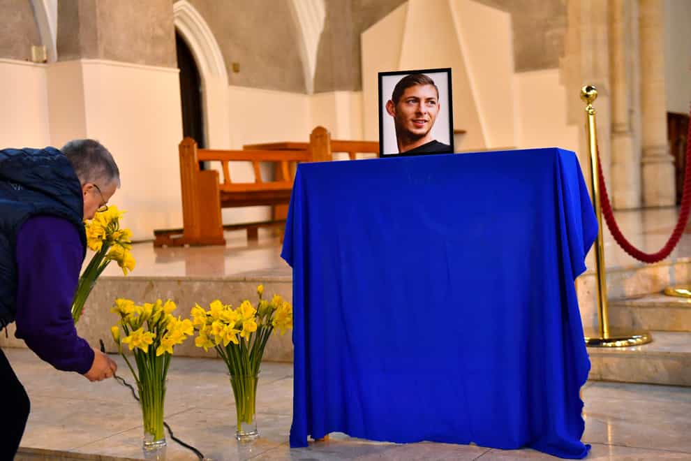 A portrait of Emiliano Sala is displayed at the front of St David’s Cathedral (Jacob King/PA)