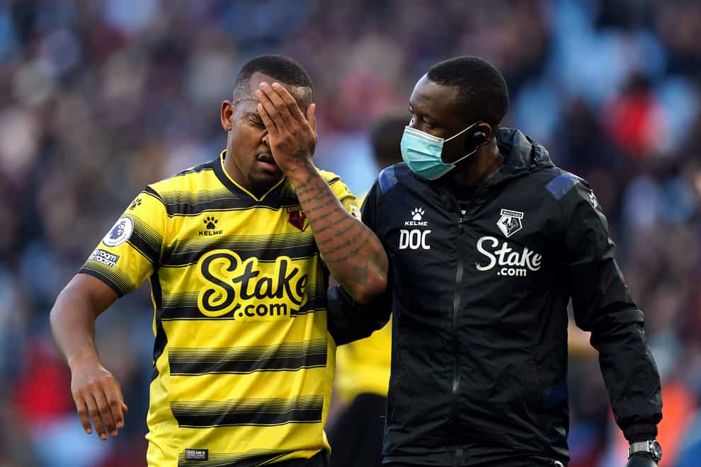 Watford’s Samir was involved in a clash of heads during the 1-0 win at Aston Villa (Tim Goode/PA)
