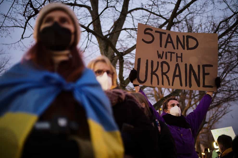 A pro-Ukraine demonstration near the Russian embassy in Berlin (AP)