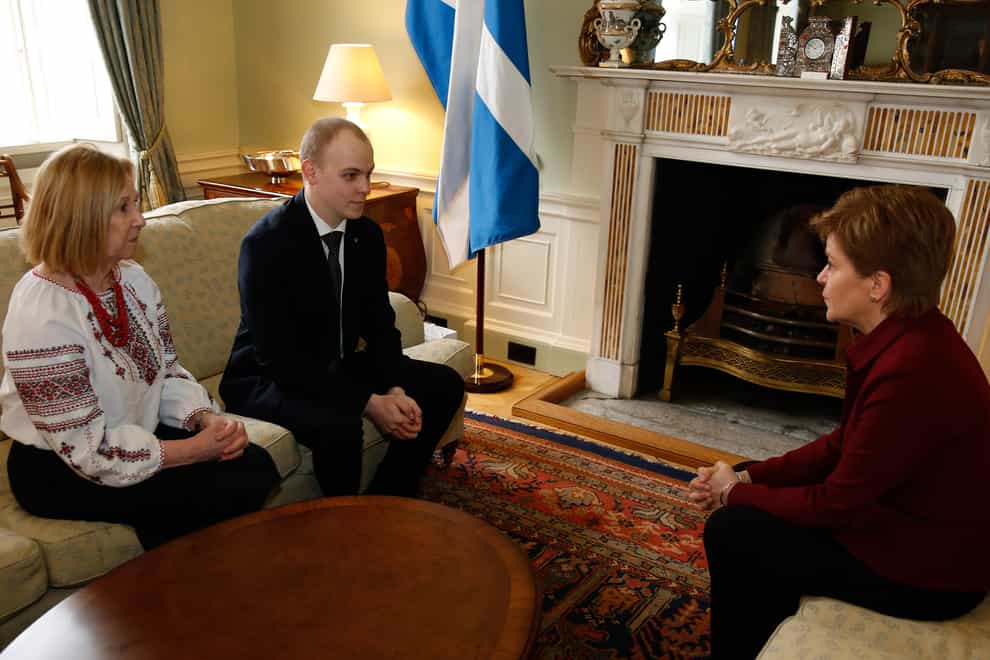 Nicola Sturgeon met the Ukrainian consul, Yevhen Mankovskyi, and Linda Allison, a representative of Ukrainians in the UK (Scottish Government/PA)